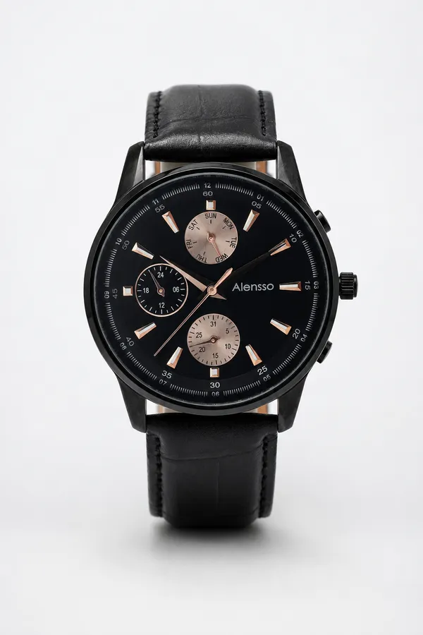 Alensso DQ7 A159 Men’s Analog Watch – Black Dial & Black Leather Strap