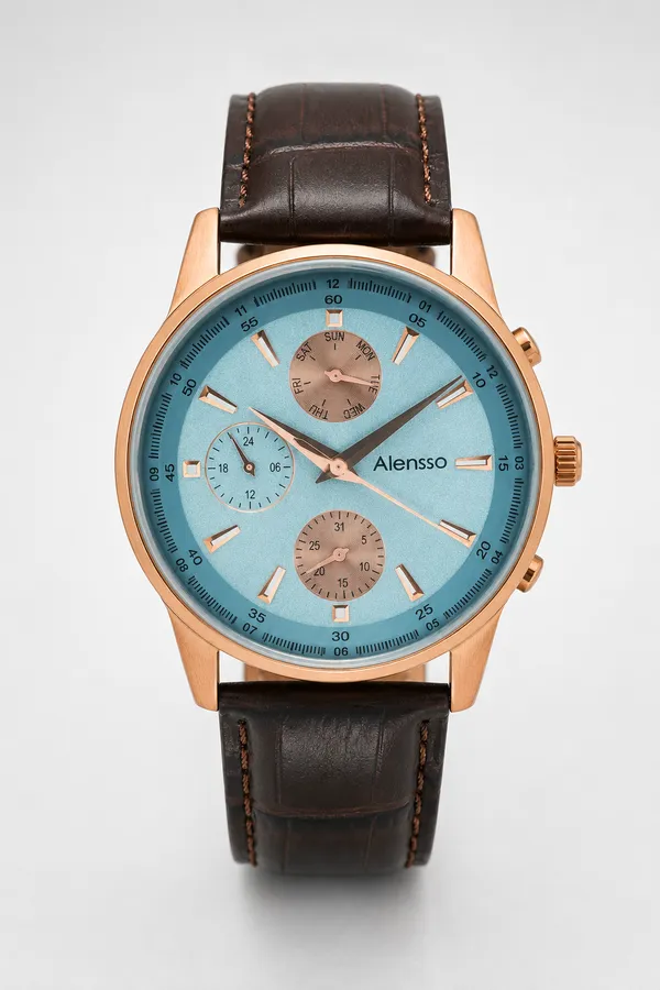 Alensso DQ7 A162 Men’s Quartz Watch  Light Blue Dial & Coffee Brown Leather Strap