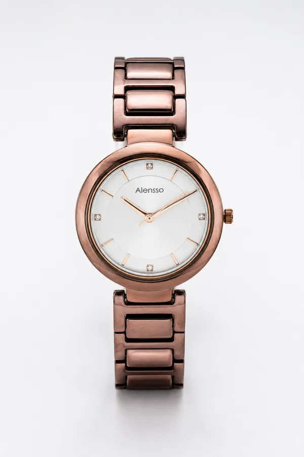 Alensso Signora A135 Women’s Quartz Watch White Dial & Coffee Metal Chain Strap