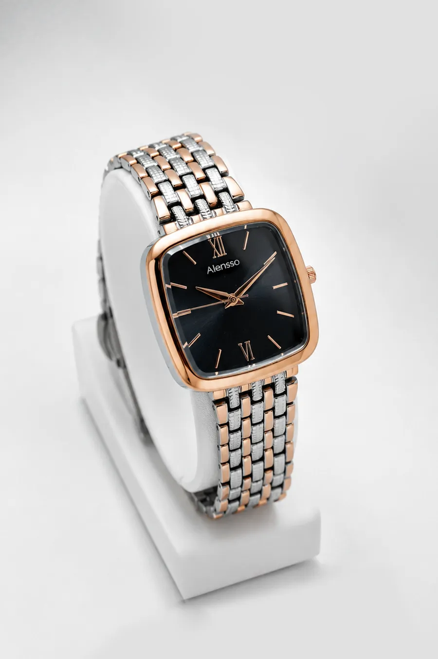 Alensso Signora A144 Women’s Fashion Watch Black Dial & Rose Gold-Silver Chain Strap