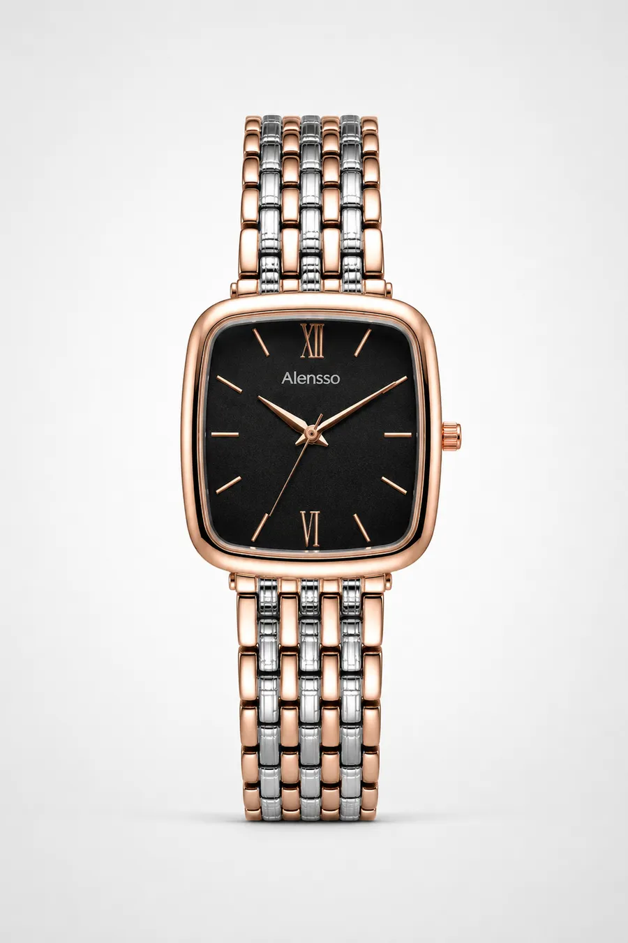 Alensso Signora A144 Women’s Fashion Watch Black Dial & Rose Gold-Silver Chain Strap